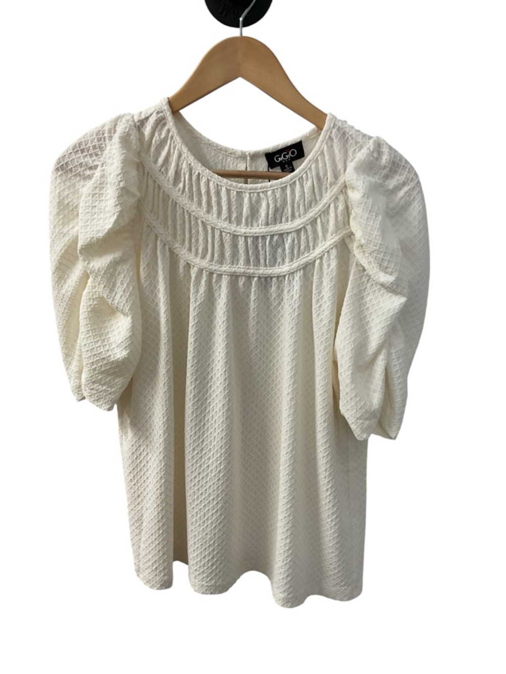 Cream Puff-Sleeve Textured Blouse - Cream